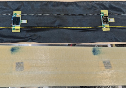 Trägertextil mit aufgebrachter Platine (oben) sowie pultrudierte FI:IL mit enthaltener Sensorik (unten)