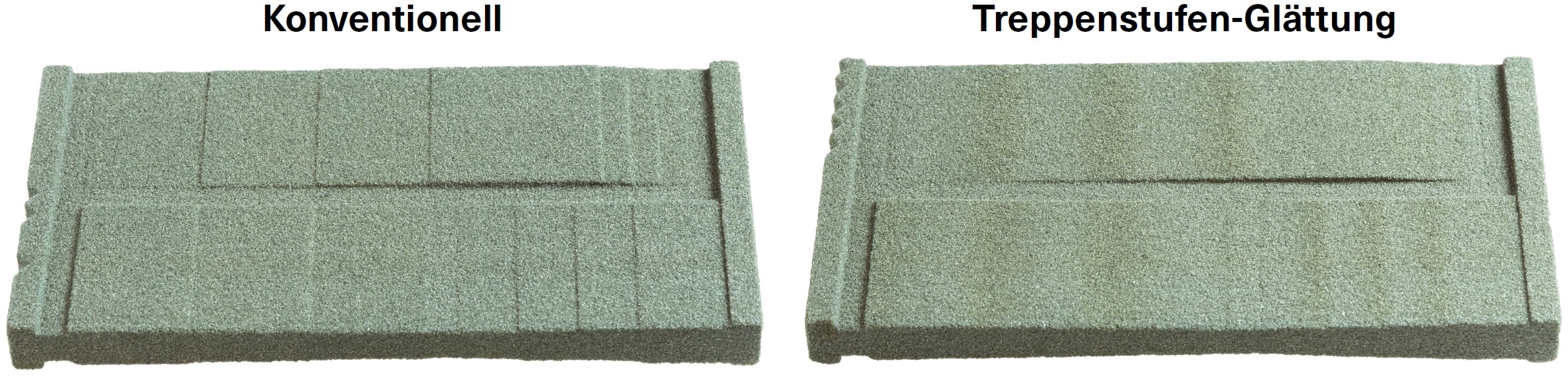 Abbildung 2: Vergleich von konventionell gefertigten Testplatten (links) mit geglätteten Testplatten (rechts)