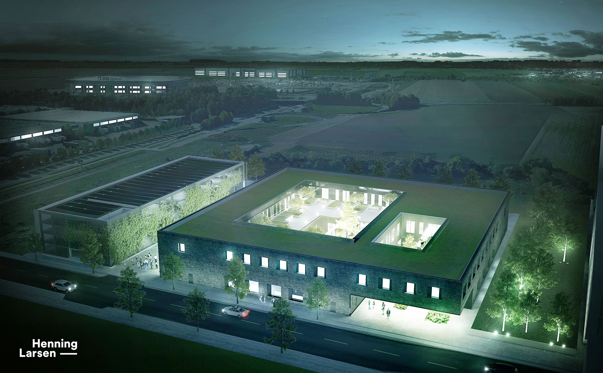 Nachtperspektive vom neuen Forschungsgebäude im Augsburger Innovationspark (Visualisierung)