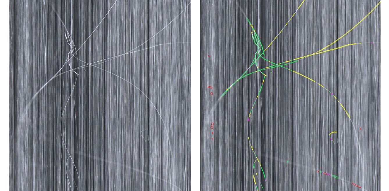 Mounting of a fiber bundle on carbon fiber carpet. Left: Original photo. Right: Segmented defect.