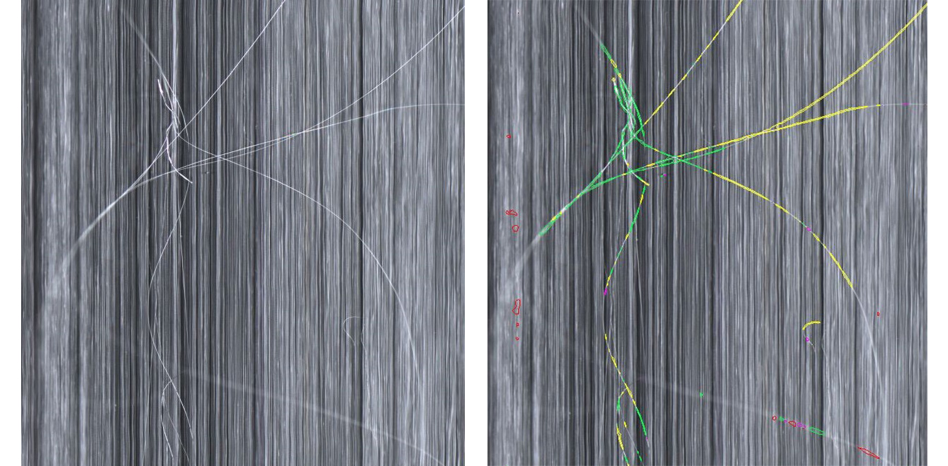 Mounting of a fiber bundle on carbon fiber carpet. Left: Original photo. Right: Segmented defect.