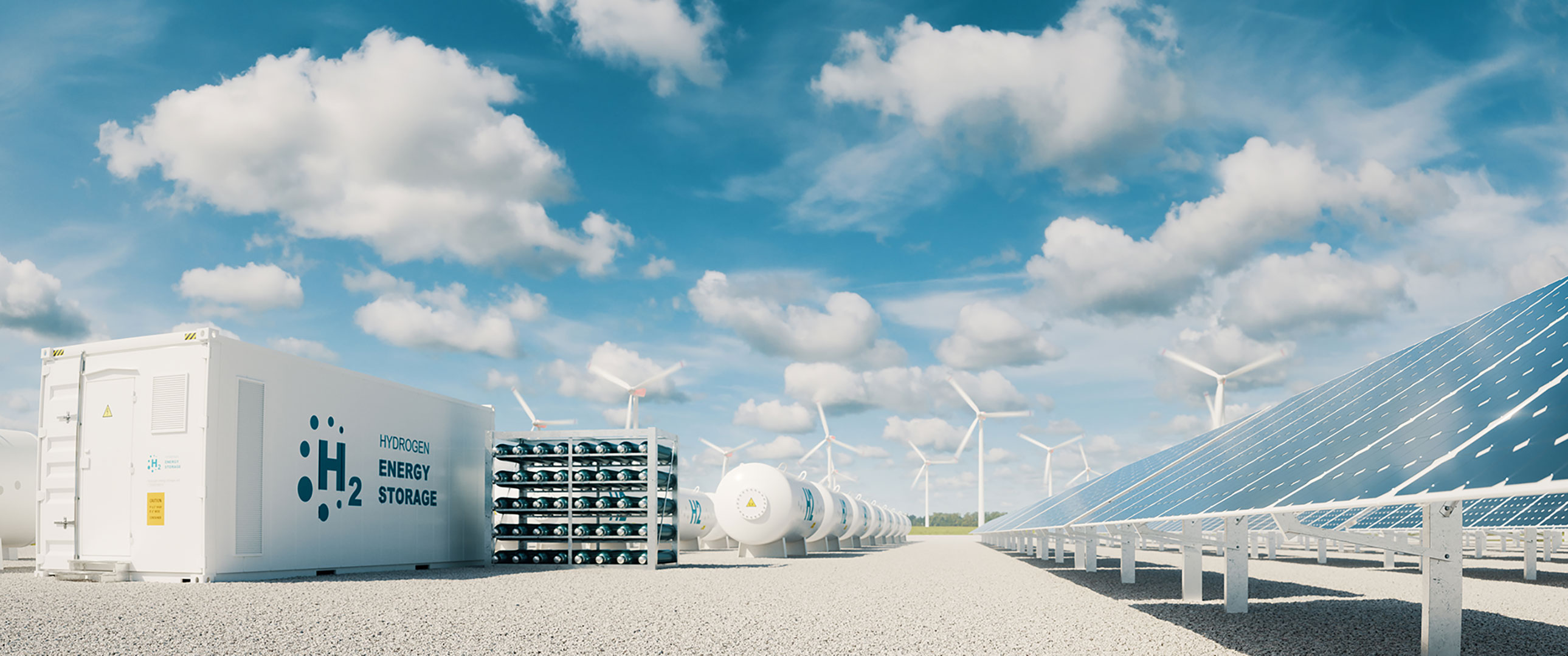 Electrolyzer in a 20-foot container, hydrogen storage and renewable generation systems.