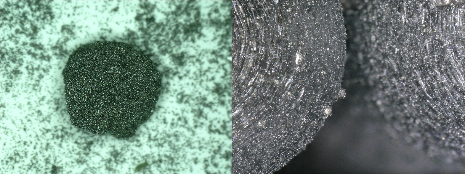 Agglomerates from powder materials (left) and sintering on the component (right)