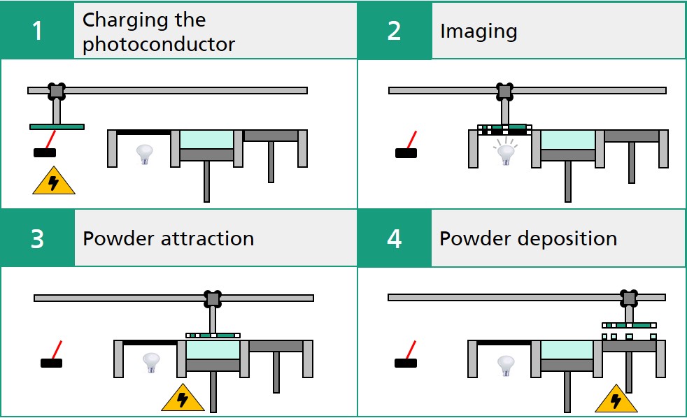 An exemplary diagram of the process steps for powder application by means of photoconductors 